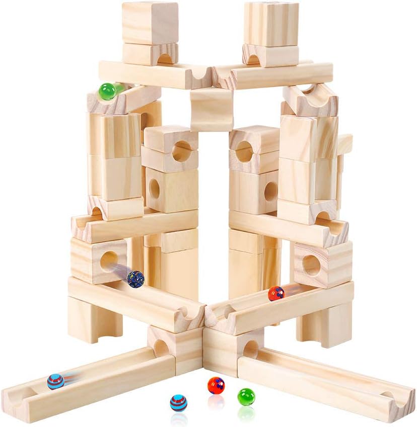 playing with blocks and marble run
