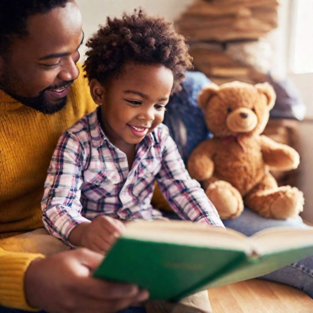 dad reading a valentine book to his son