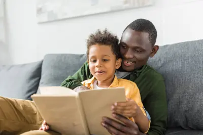mom reading to girl father son reading a book